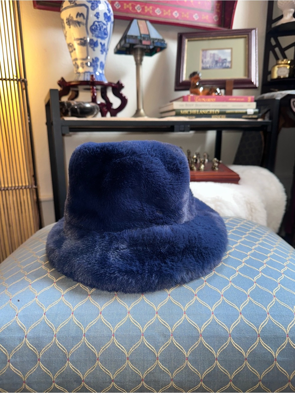 Plush Faux Fur Bucket Hat - Navy Blue